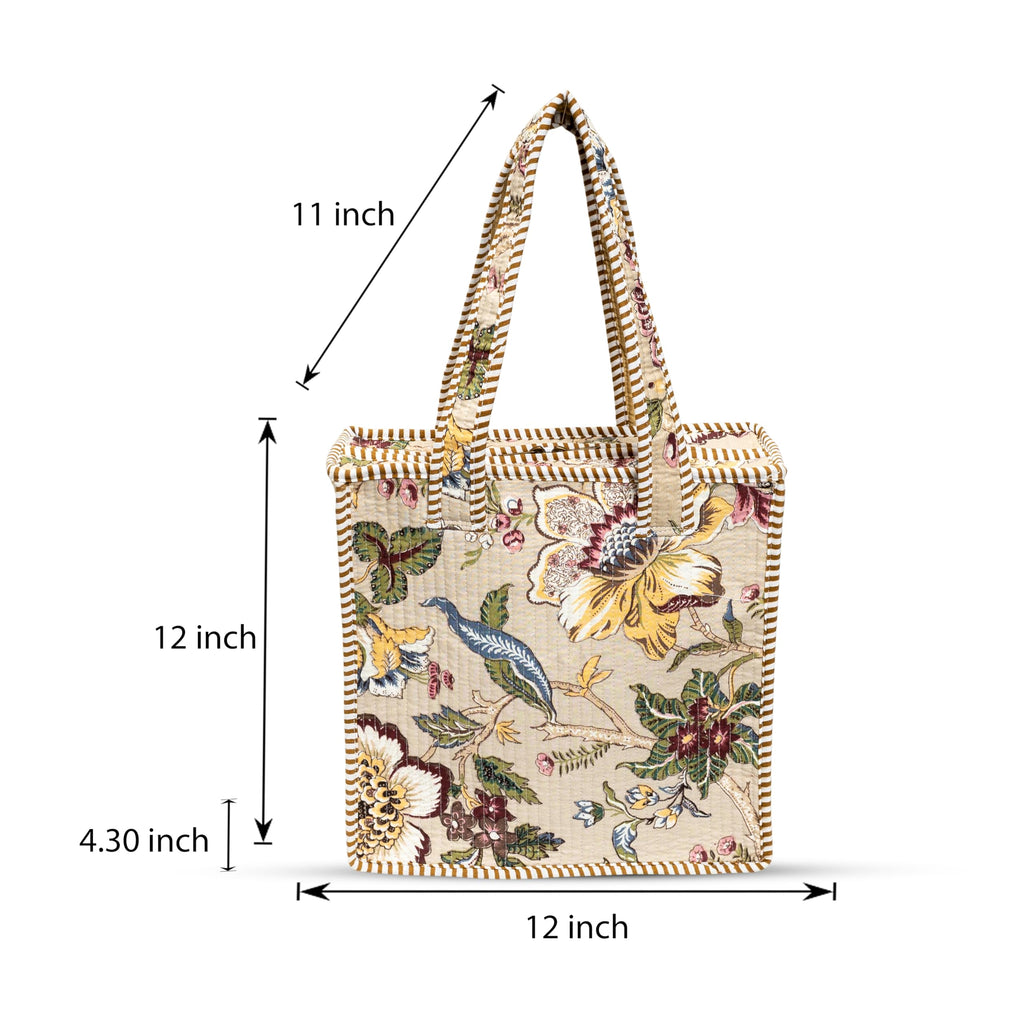 Cotton Quilted Tote Bag for Women | Lightweight Reusable Shoulder Handbag | Durable Eco-Friendly Shopping Bag | Large Capacity Travel, Office & Daily Use Carry Bag | Stylish Utility Tote (Bird)
