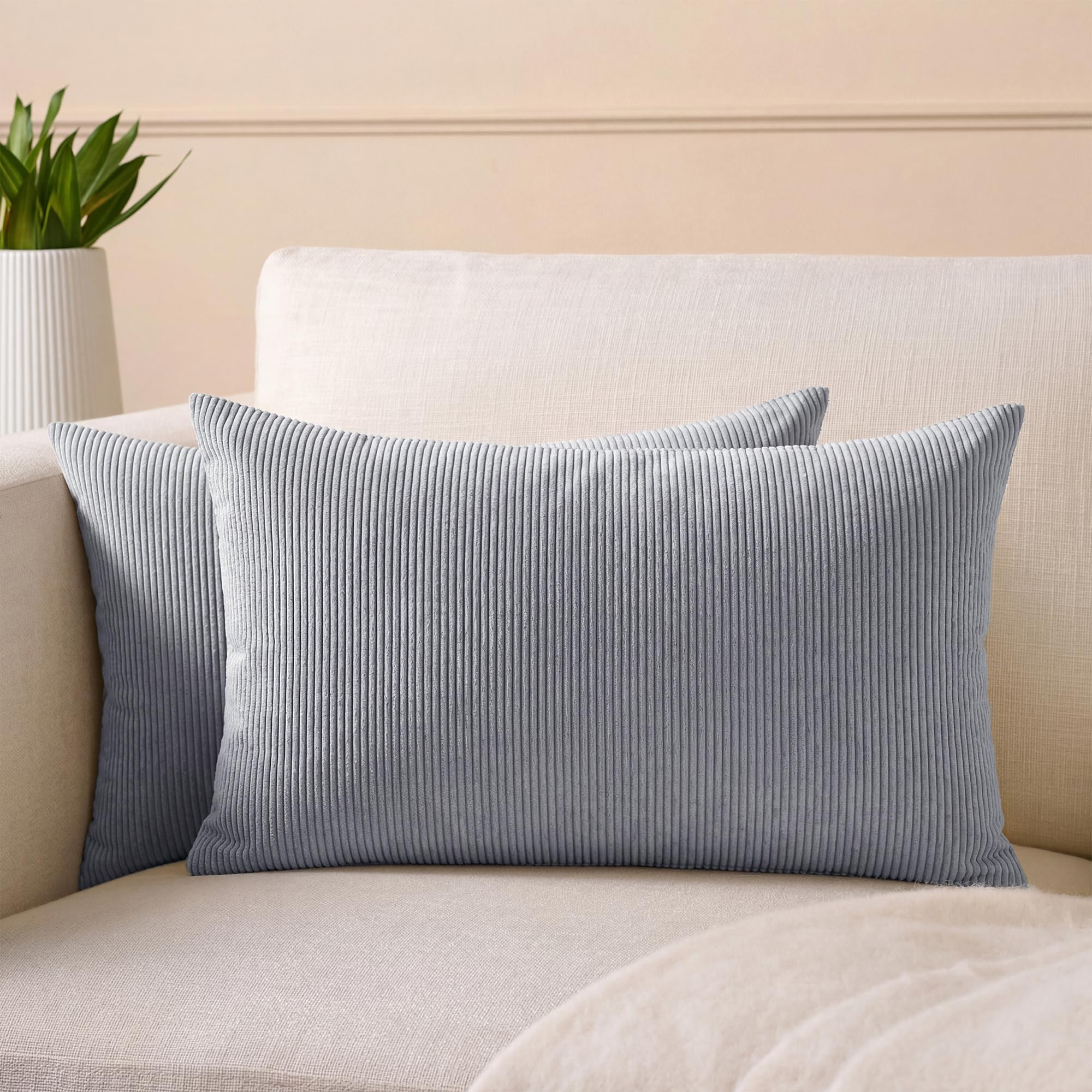 Encasa XO Corduroy Cushion Covers, No Inserts, Set of 2, Blue Grey