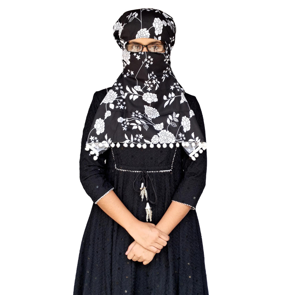Switchon Scarf Hijab Rayon Printed fancy scarf for women Size Adjustable -Hook loop tape (Black_White)