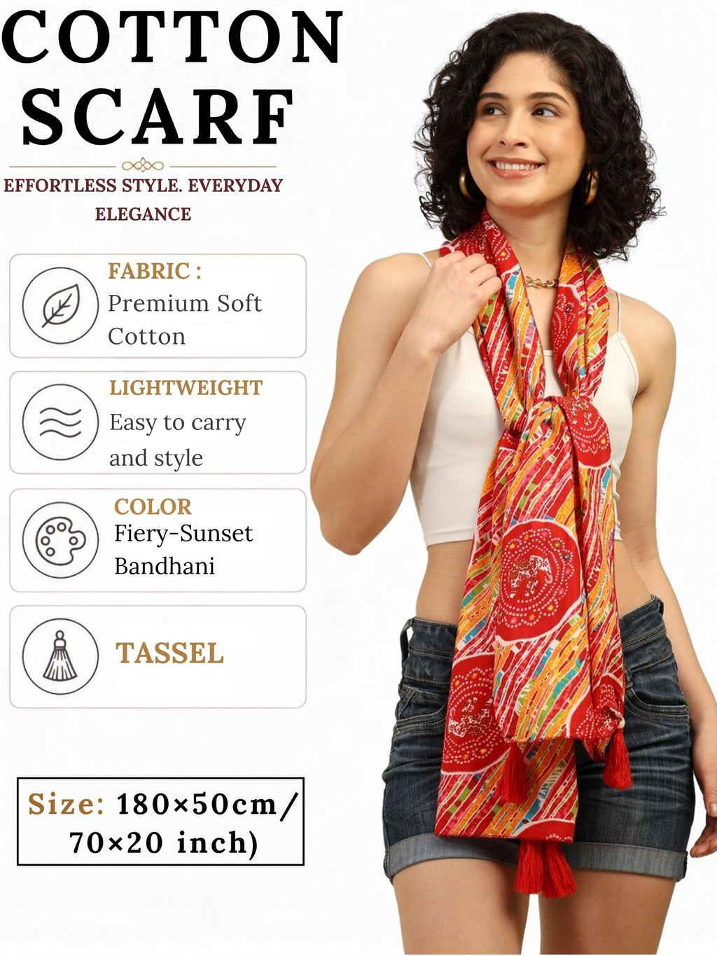 KE KANHA EXPORTS Cotton Scarf with Tassels|Bandhani Print Scarf for Women Stylish|Stole for Women|Breathable Boho Beach Summer Wrap|Multicolor Scarf|Easily Fits 180 * 50 CM