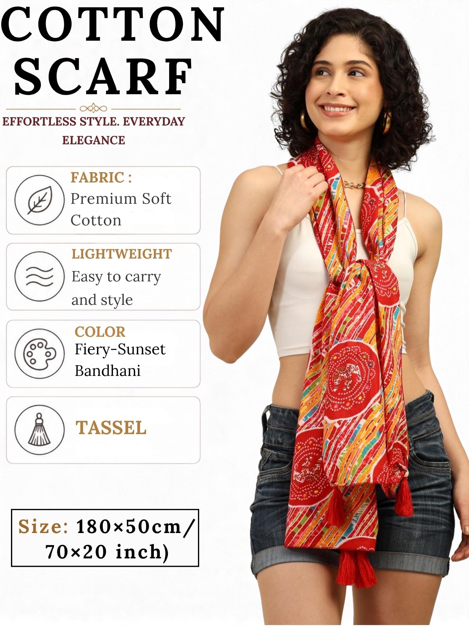 KE KANHA EXPORTS Cotton Scarf with Tassels|Bandhani Print Scarf for Women Stylish|Stole for Women|Breathable Boho Beach Summer Wrap|Multicolor Scarf|Easily Fits 180 * 50 CM