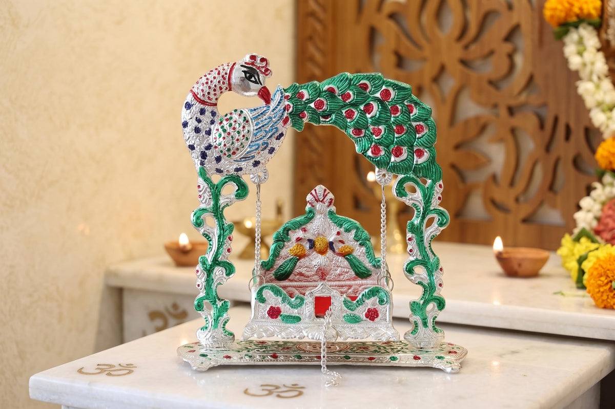 KridayKraft Silver Plated & Multicolour Peacock Design Jhula for Laddu Gopal | Decorative Metal Palna for Home Temple & Janmashtami Puja (23 x 21.5 cm, 460 g)