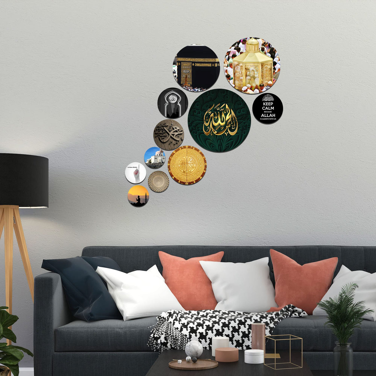 Artvibes Kaaba Sharif & Islamic Quotes Round Shape MDF Wooden Wall Decor Items | Spiritual Decor Items | Islamic Decoration | Wall Poster| Stylish Modern Decor Item | Gift Items (WPS_122N), Set of 11
