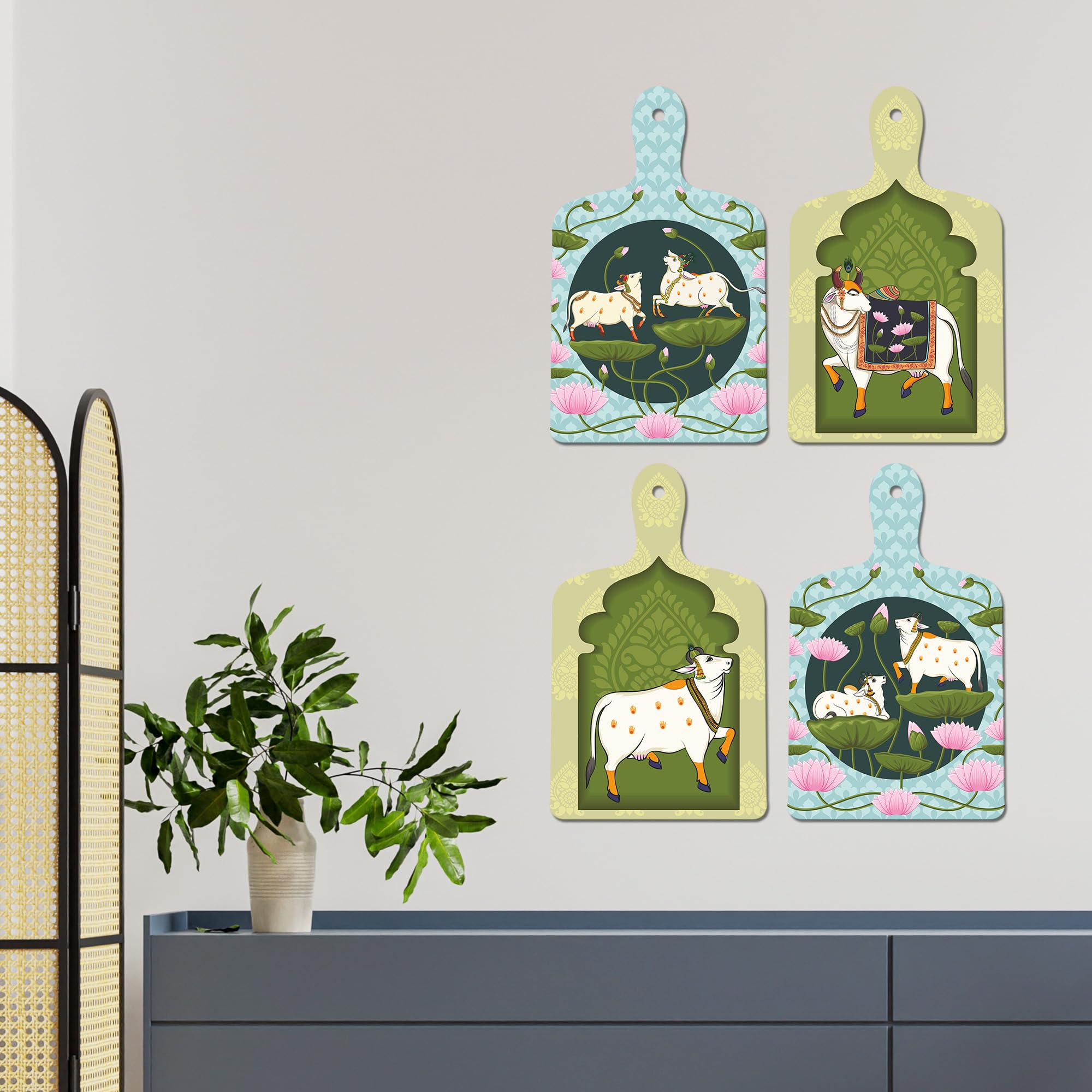 Artvibes Sacred Cows On Lotus Modern Pichwai Art Wooden Wall Hanger for Home Decor | Handcrafted Art | Festive Decor | Wall Illustrations | Paintings For Wall | Gift Items (WH_5644N), Set of 4