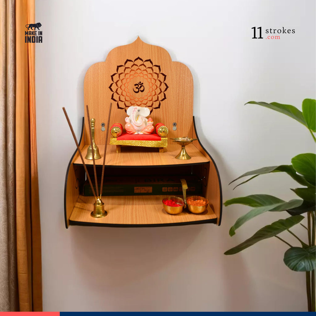 11 Strokes Samarpan Wooden Pooja Mandir for Home Small Size - Foldable DIY Wall Mount Devghar - Modern Singhasan for God & Small Wooden Temple, Puja Stand