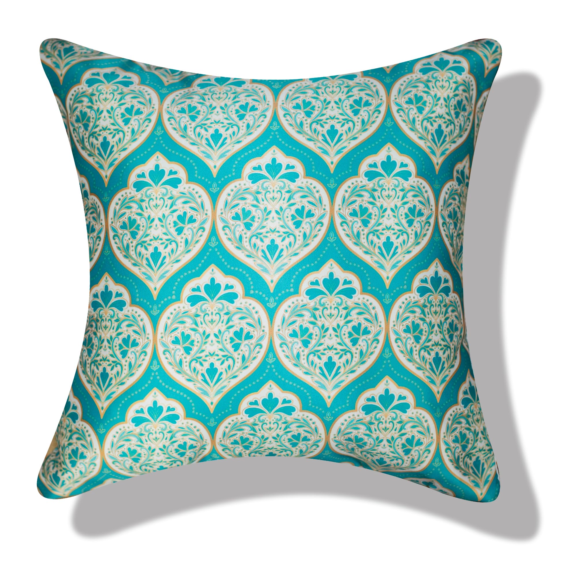 Vendola Decorative Satin Sofa Cushion Covers Set of 5, 20 Inch x 20 inch, Sofa Pillow Cover, Ethnic Festive, White and Blue, Mandala Design, Zipper Closure (Mandna, 20X20 Inches)