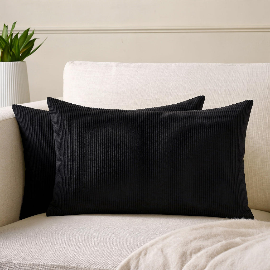Encasa XO Corduroy Cushion Covers, No Inserts, Set of 2, Black