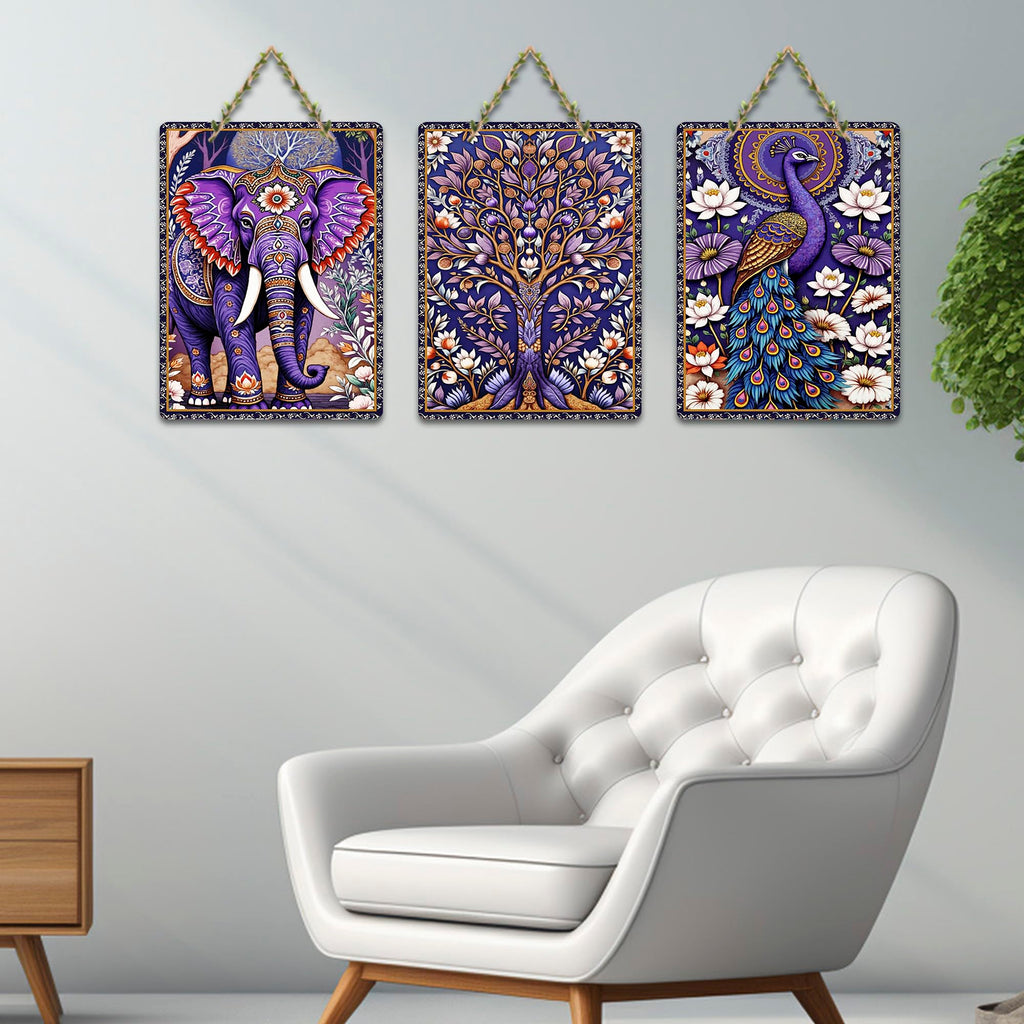 Artvibes Elephant & Peacock Aesthetic Modern Art Wooden Art Decoration Item for Living Room | Art For Wall | Door Decoration Items | Wall Poster | Paintings For Wall | Gift Items (WH_9643N), Set of 3