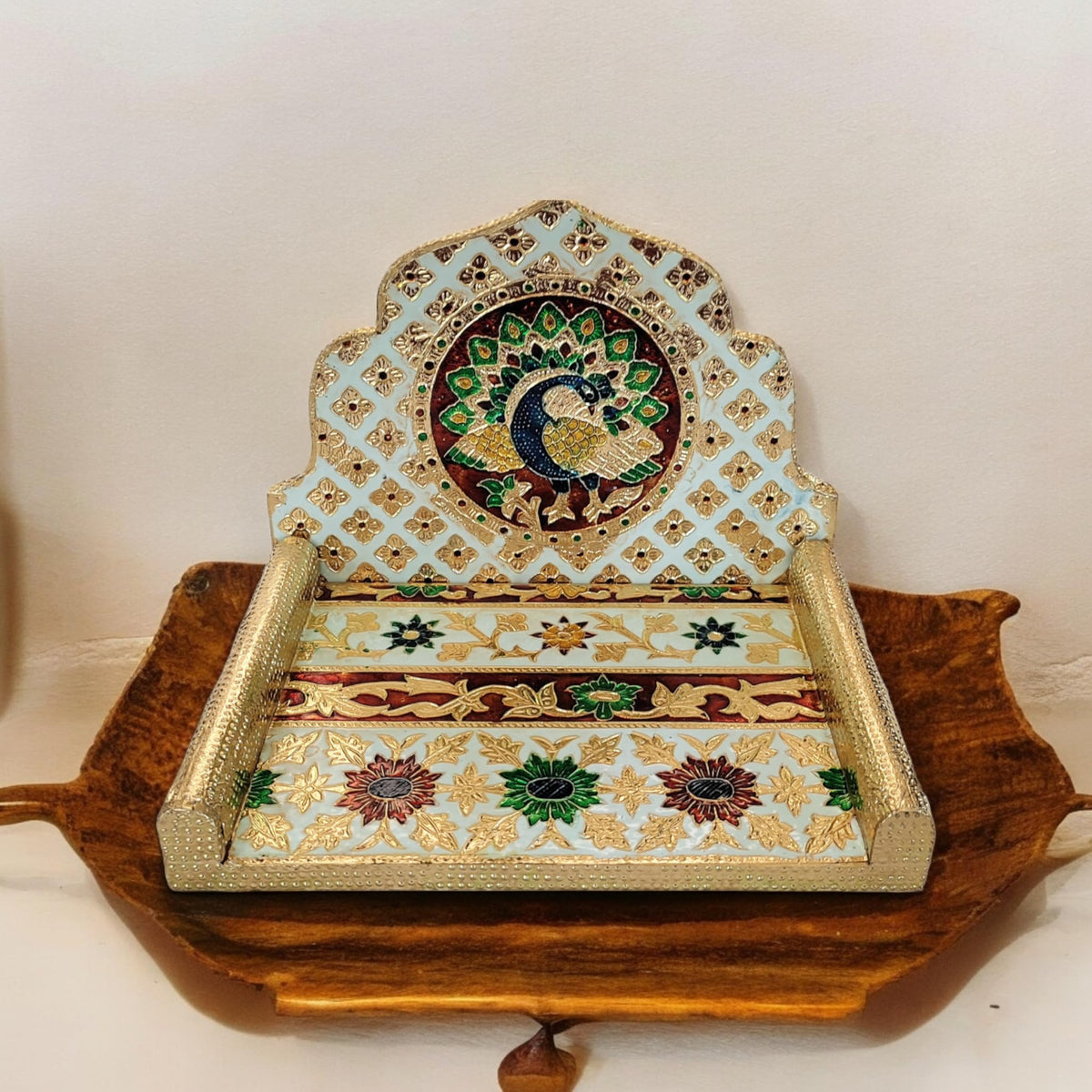 OPPILLA™ Wooden Hand Crafted Meenakari Laddu Gopal Folding Singhasan for Home Temple | Home Temple for God and Idols | Laddu Gopal Singhasan for Mandir Size :- 7 Inches X 9 Inches