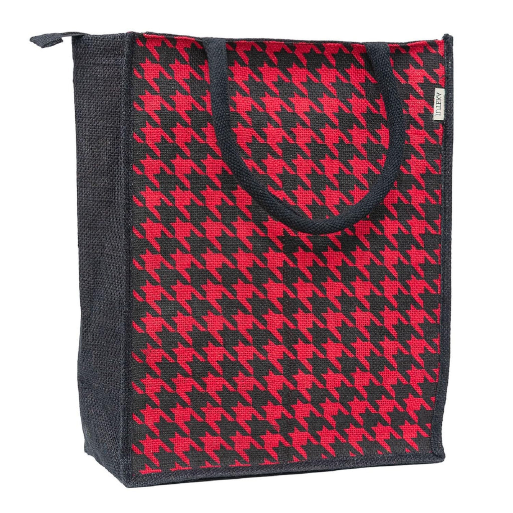 JUTEKA Red Houndstooth Printed Jute Bag for Lunch, Grocery, Tote, Hand, Picnic - for Men, Women, Girls, Kids with Zip
