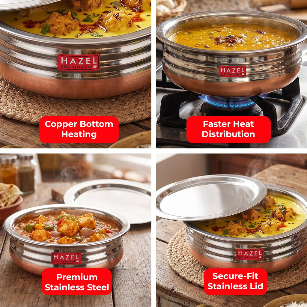 HAZEL Copper Bottom Uruli with Lid | Urli Vessel Cooking Stainless Steel | Serving Tope Handi | Kitchen Items for Home Cooking, 1700 ML
