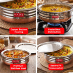 HAZEL Copper Bottom Uruli with Lid | Urli Vessel Cooking Stainless Steel | Serving Tope Handi | Kitchen Items for Home Cooking, 1700 ML