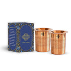 INDIAN ART VILLA Pure Copper Half Embossed Design Glass Tumbler Cup with Lid, Drinking Serving Water, Yoga Ayurveda, Volume-300 ML, Set of 2