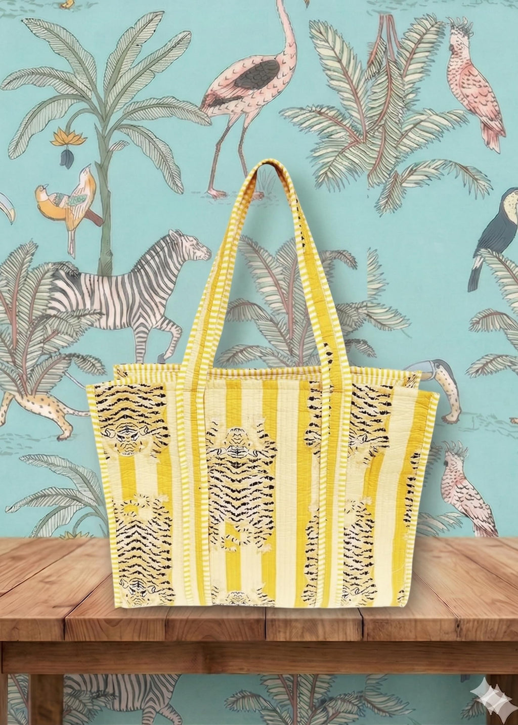 Rastogi Handicrafts Quilted Cotton Women Beautiful Printed Grocery Shopping Bag, Shoulder Bag, Tote Bag, Travel Bags, Light Yellow, 18X6X15 Inch