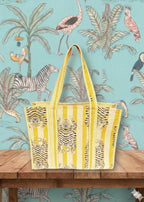 Rastogi Handicrafts Quilted Cotton Women Beautiful Printed Grocery Shopping Bag, Shoulder Bag, Tote Bag, Travel Bags, Light Yellow, 18X6X15 Inch
