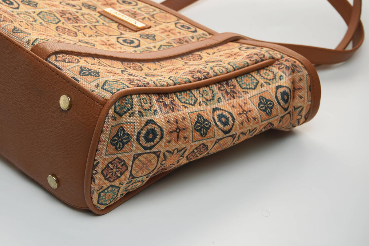 Carrylux Vintage Tile Print Jute Tote Bag for Women