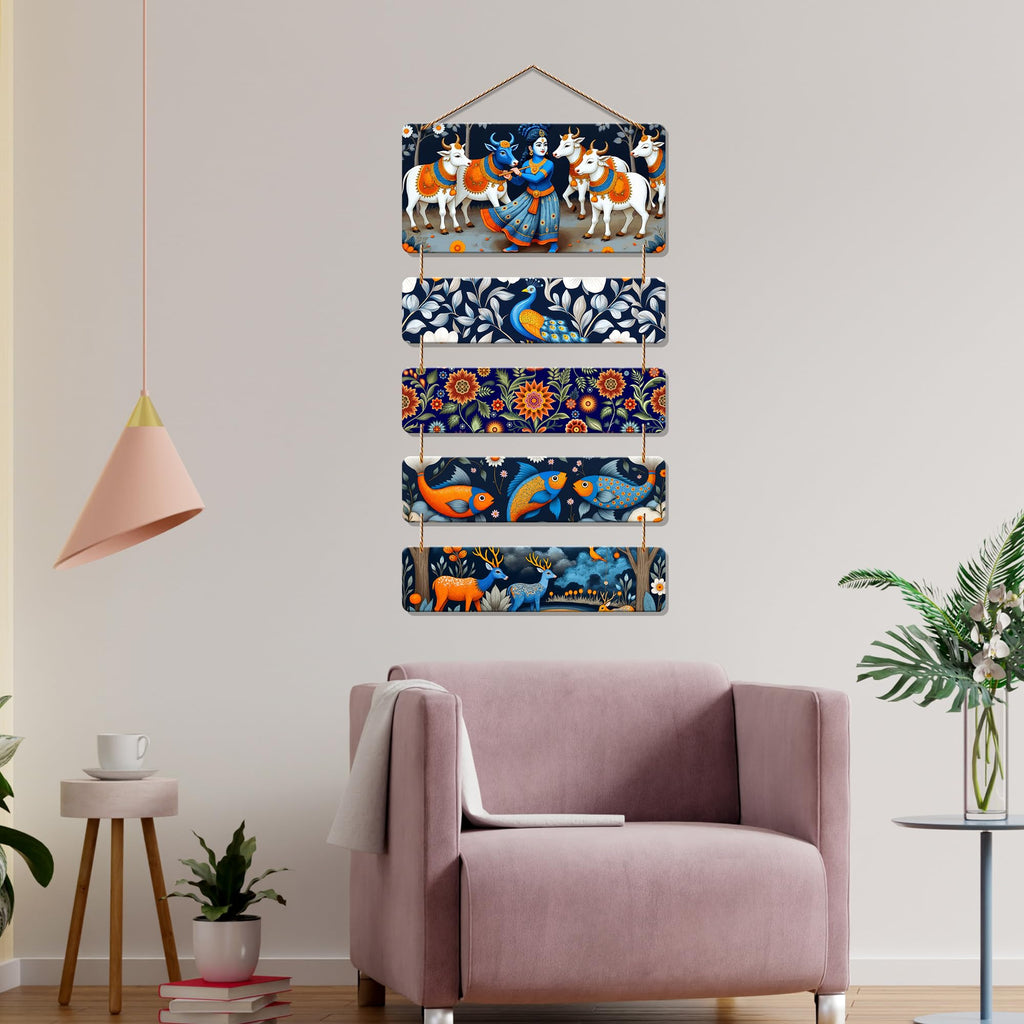 Artvibes Divine Lord Krishna Fishes Deers & Cows Folk Art Wooden Wall Hanger for Home | Spiritual Decor Items | Wall Illustrations | Artwork| Stylish Modern Decor Item | Gift Items (WH_6721N)