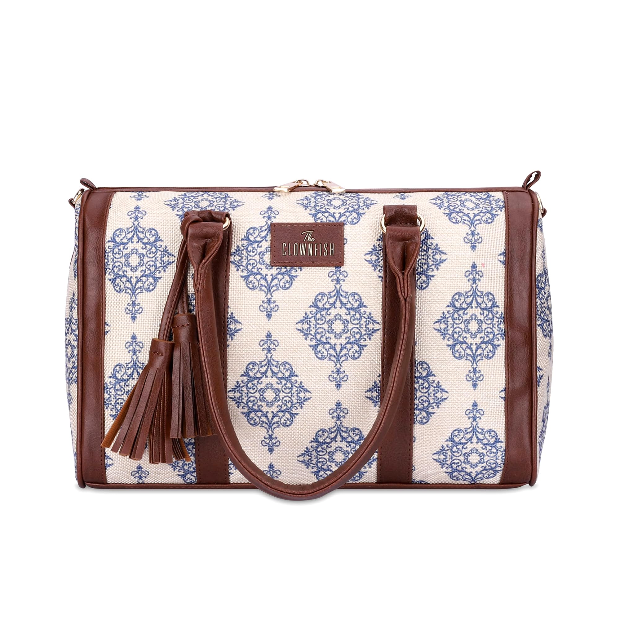 THE CLOWNFISH Lorna Printed Handicraft Fabric Handbag for Women Office Bag Ladies Shoulder Bag Tote for Women College Girls (Off White)
