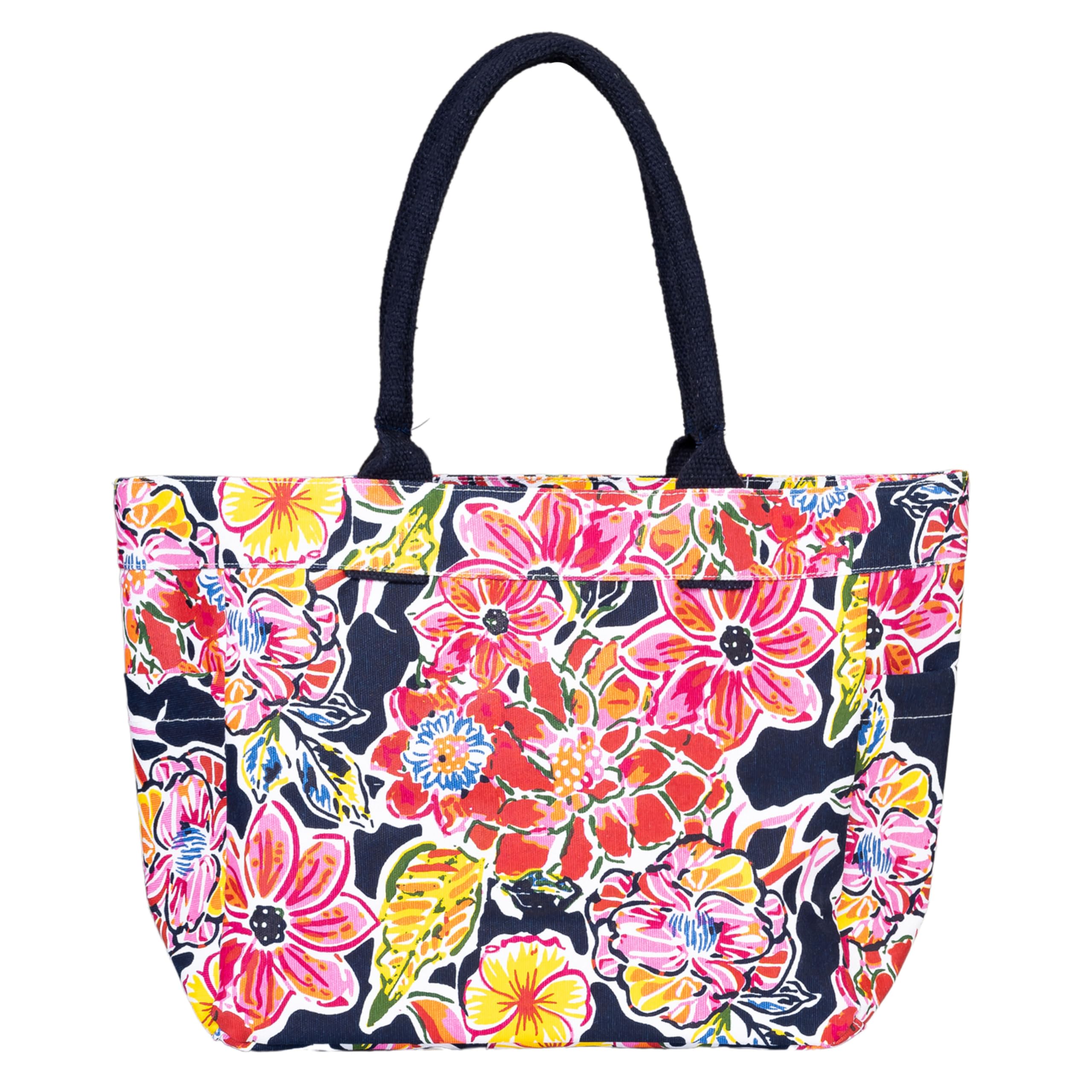 AQVA Cotton Canvas Tote Bag for Women with Side Pockets | Trendy Stylish Multipurpose Handbag with Zipper | Shoulder Bag for Shopping, Travel and Work | Guldasta, Navy Blue