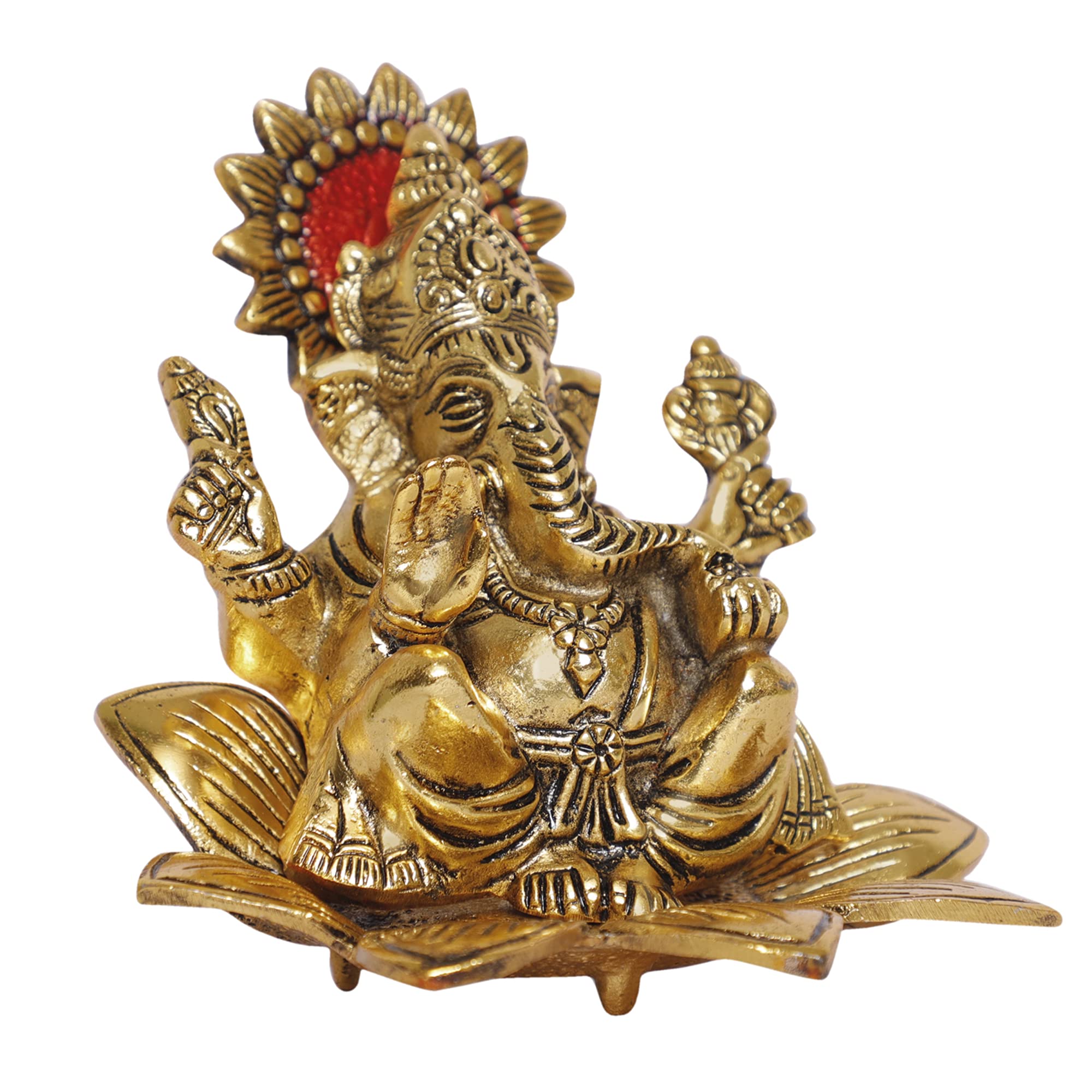 KridayKraft Metal Ganesh Sit On Flower Gold Color Leaf for Pooja,Home,Office Decorative for Table and Gift for Have House Warming Anniversaries, Birthday, Wedding Gifts