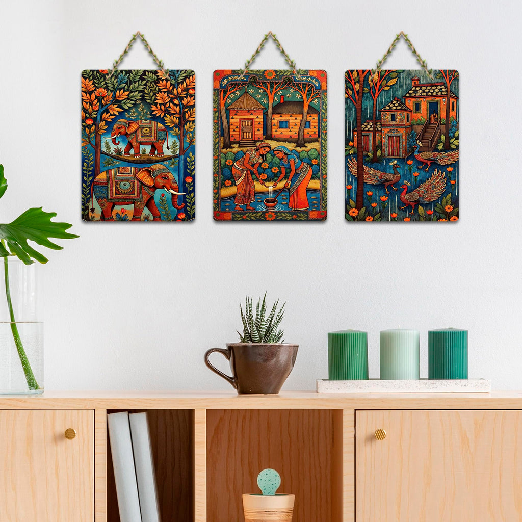 Artvibes Traditional Indian Decor Wooden Art Decoration Item for Living Room | Room Wall Art | Modern Decor Artwork | Living Room | Cafe | Wall Art Print | Unique Gift Items (WH_96115N), Set of 3