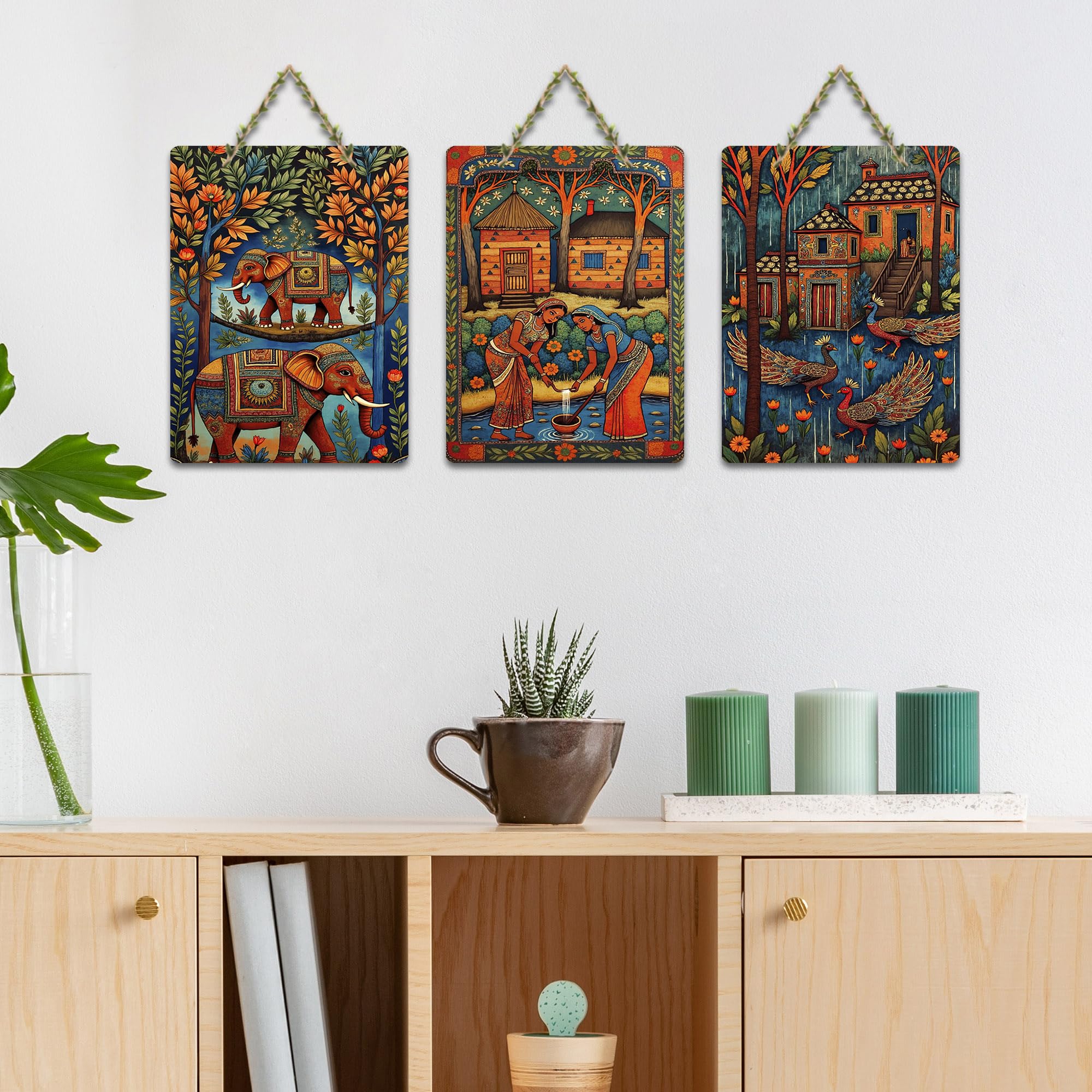 Artvibes Traditional Indian Decor Wooden Art Decoration Item for Living Room | Room Wall Art | Modern Decor Artwork | Living Room | Cafe | Wall Art Print | Unique Gift Items (WH_96115N), Set of 3
