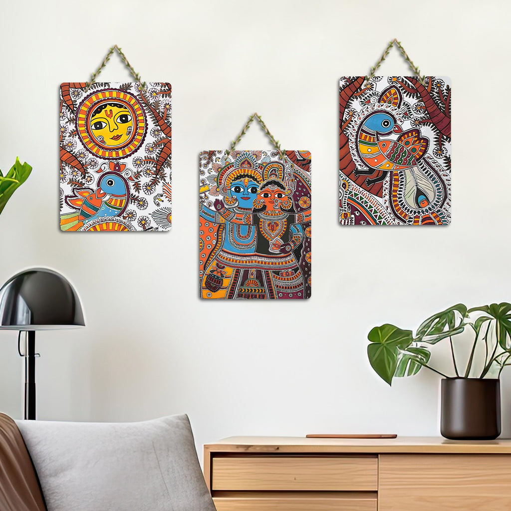 Artvibes Radha Krishna Madhubani Art Wooden Wall Hanger for Home Decor | Living Room | Office | Cafe | Scenery For Drawing Room | Wall Poster | Handcrafted Art | Unique Gift (WH_9606N), Set of 3