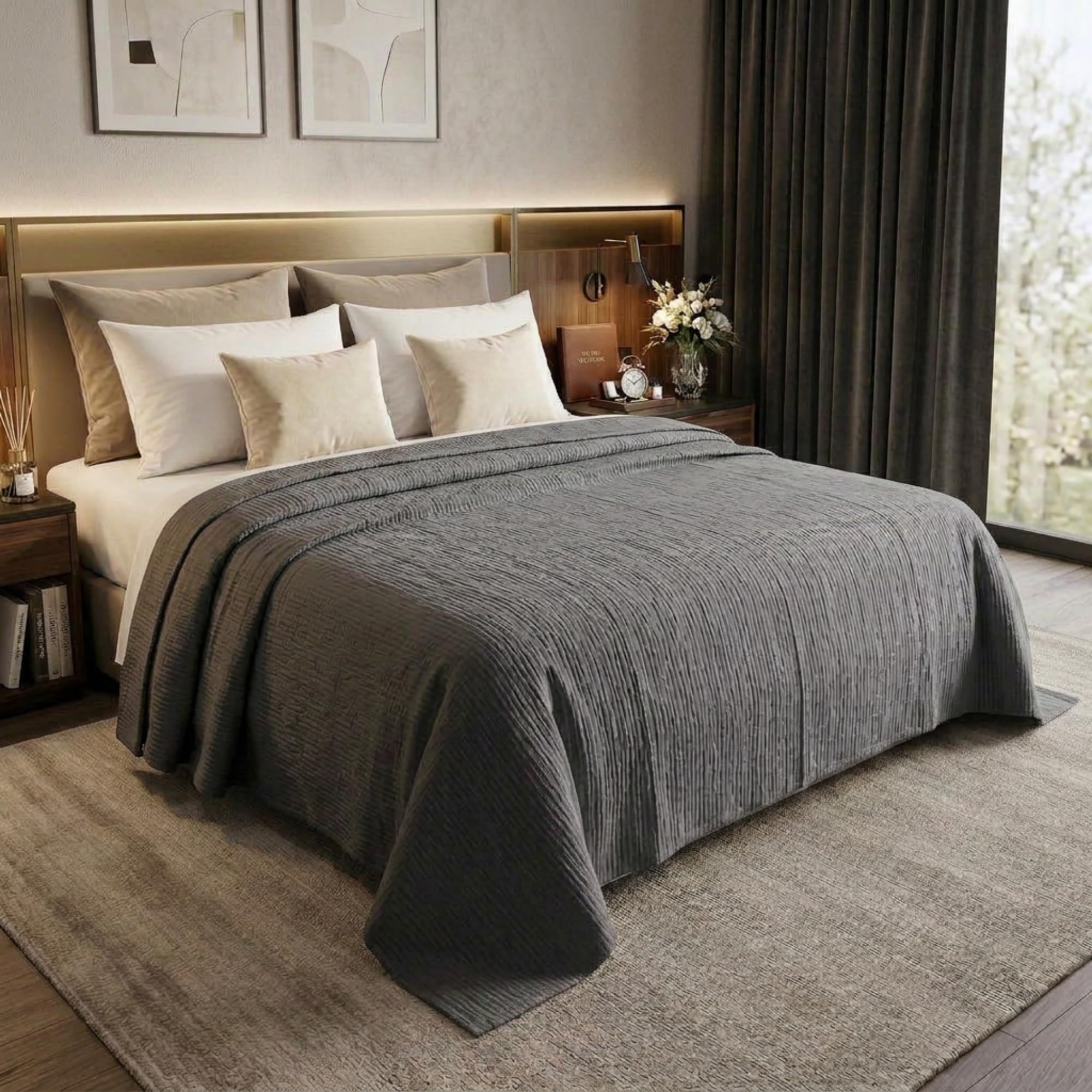 100% Cotton Muslin AC Blanket | 4 Layer Textured Breathable Summer Throw | Lightweight Blanket for AC Rooms | All Season Comfort Dohar | 200x220 cm | Dark Grey Kafalo