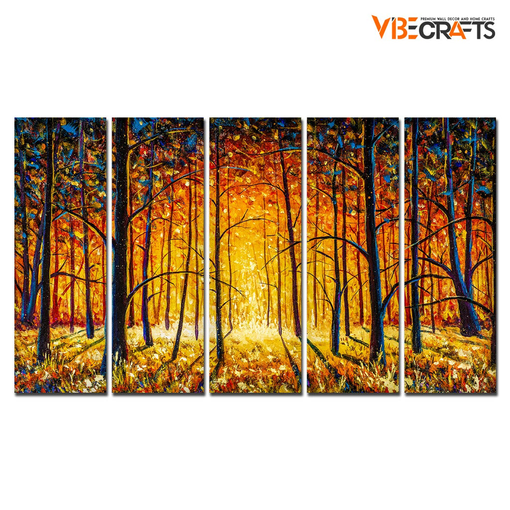 VIBECRAFTS Beautiful Tree Forest In Sunset 5 Pieces Canvas Wall Painting For Home | Office | Living Room | Gift (PTVC5Pcs4_8504)