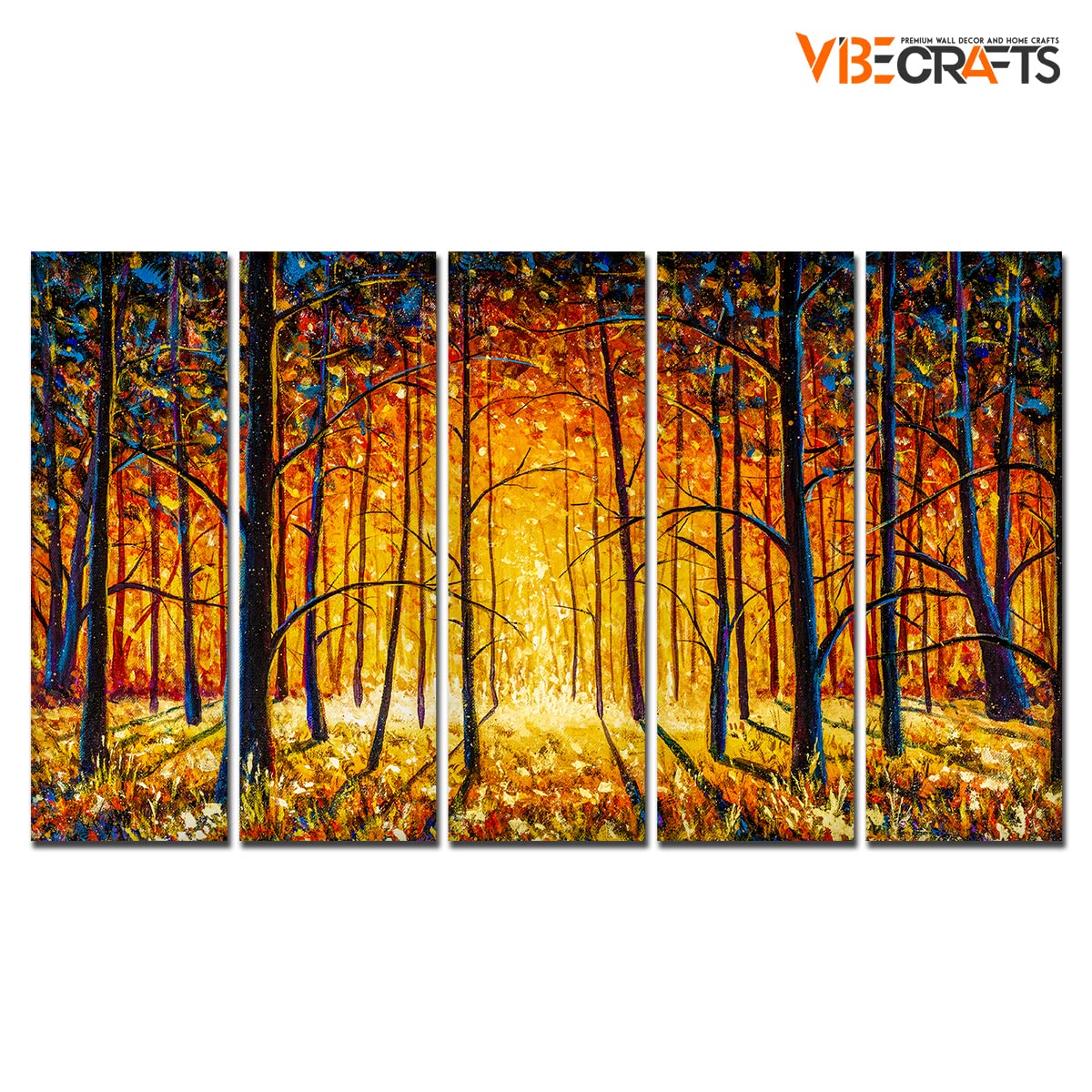 VIBECRAFTS Beautiful Tree Forest In Sunset 5 Pieces Canvas Wall Painting For Home | Office | Living Room | Gift (PTVC5Pcs4_8504)