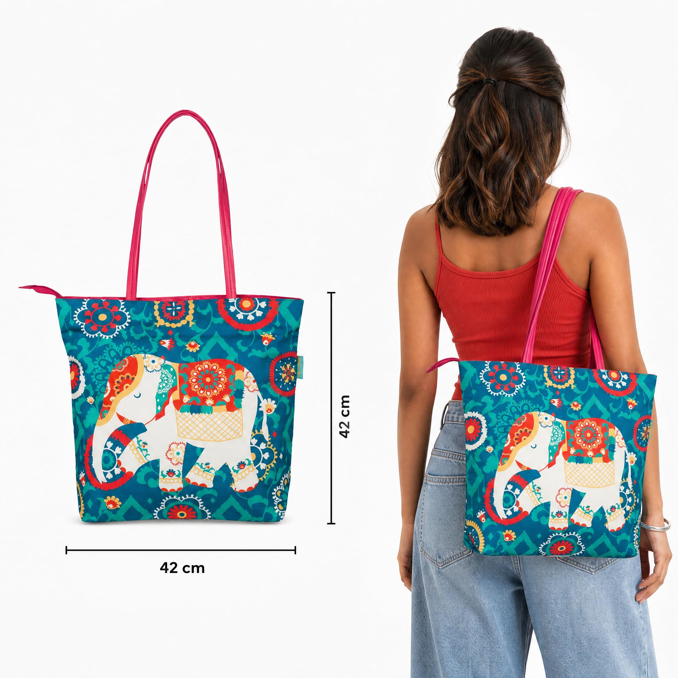 Chumbak Regal Elephant Tote Bag – Canvas Shoulder Bag for Women with Zipper Closure, Teal Ethnic Print, Stylish Office & Travel Handbag
