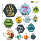 Artvibes Work Hard Hexagon Shape MDF Wooden Wall Decor Items | Quotes Decor Item | Motivational Wall Decor | Wall Poster | Graphic Art | Gift Items | Office Wall Decoration Items (WPS_211N), Set of 13