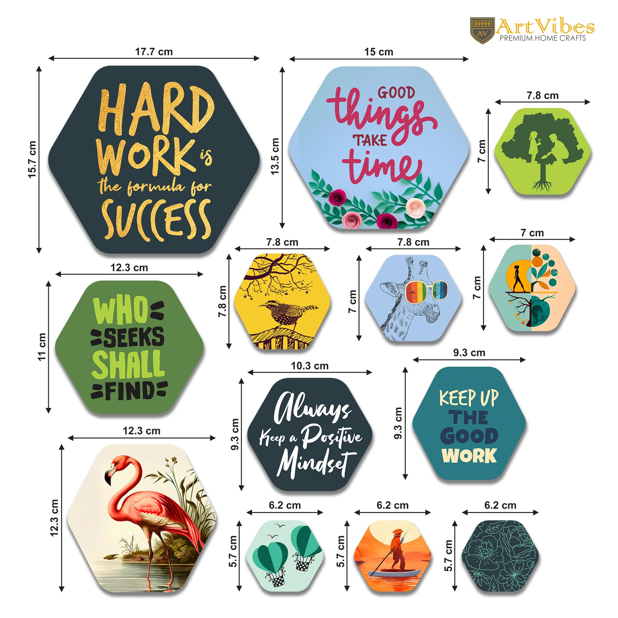 Artvibes Work Hard Hexagon Shape MDF Wooden Wall Decor Items | Quotes Decor Item | Motivational Wall Decor | Wall Poster | Graphic Art | Gift Items | Office Wall Decoration Items (WPS_211N), Set of 13