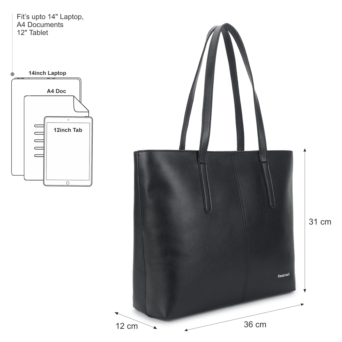 Fastrack Casual Tote Bag For Girls, Large Size With A Zipper Closure And Padded Laptop Compartment, Compatible With Laptops Up To 15 Inches, Double Handle Tote Bag, Black