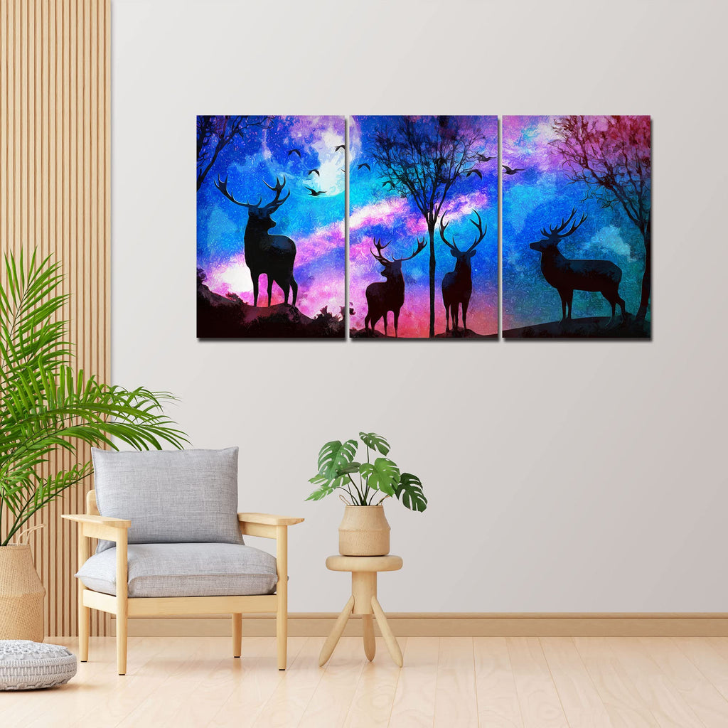 VIBECRAFTS Homcraft Deer In Forest 3 Pieces Canvas Wall Painting Fitted With Wooden Frame For Home | Office | Living Room | Gifts(PTVC3Pcs3_11518)