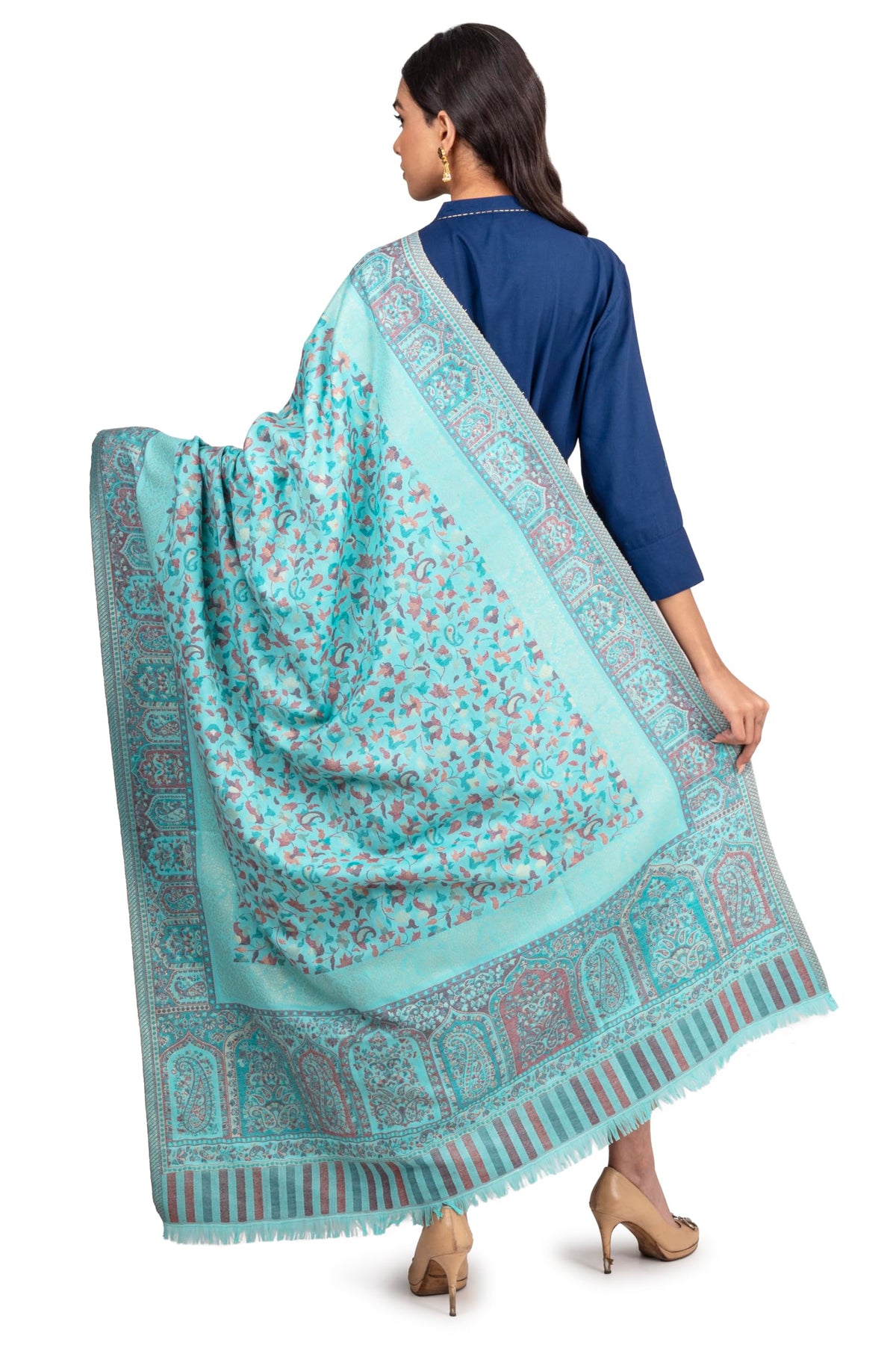 Naureen Women Faux Pashmina Kani Shawl with Mughal Artwork and Zari Accents, Warm and Soft, 40x80 inch