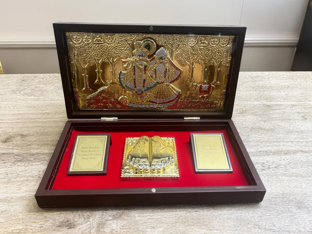 CharmInSilver 24k Gold Plated & 999 Pure Silver Coated | Radhakrishnan Charan Paduka Pooja Box | Packet Temple | Suitable Gift for Diwali,Occassions,Wealth,Prosperity & Vastu Benefits