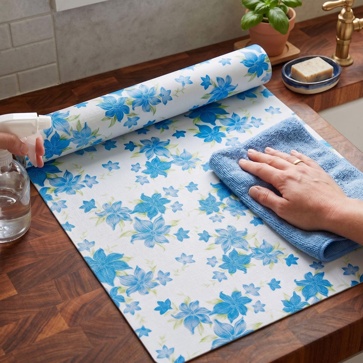 MUSHIES Premium Washable Floral Pattern Placemat Roll (Blue, 5 Metre x 17 Inch) | Multipurpose Kitchen Mat, Dining Table Mat, Fridge Mat, Wardrobe & Drawer Shelf Liner Kafalo