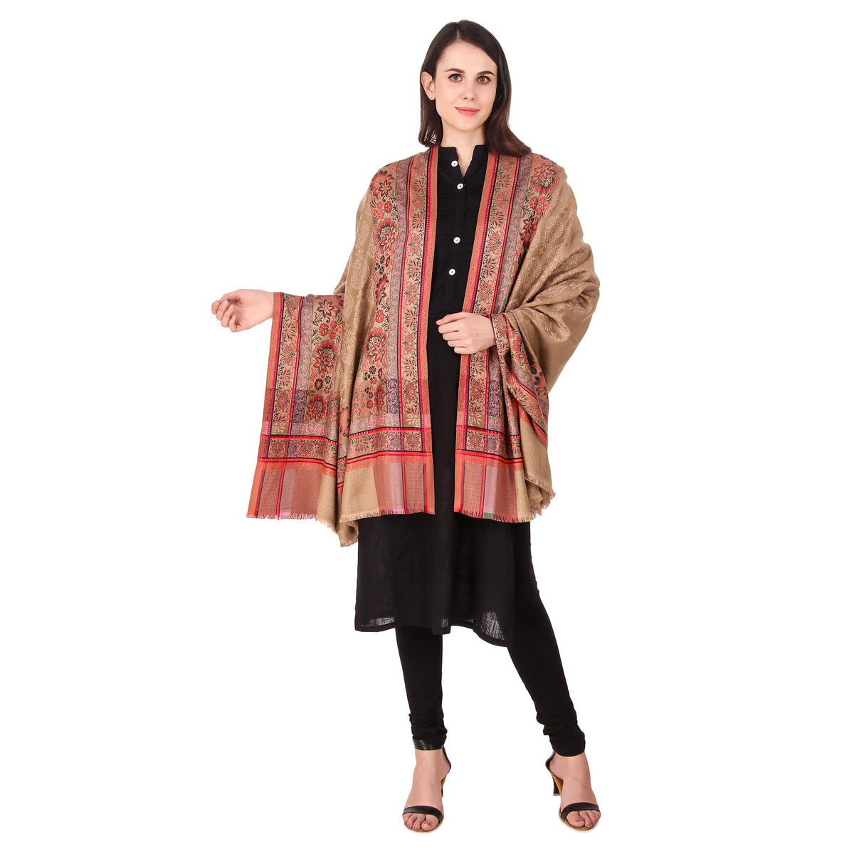 BRAVEZI Womens Jamawar Shawl,Woven Jacquard Design with Kullu Weaving Design, Soft and Warm Faux Pashmina (Beige)