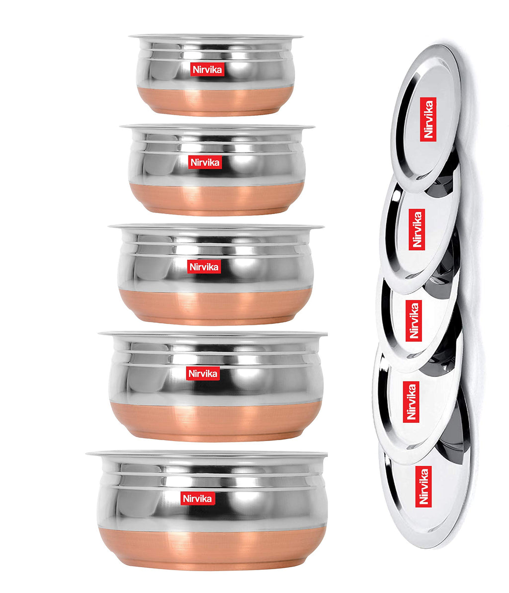 Nirvika Stainless Steel Handi Set Copper Bottom Handi With Lid Kitchen Serving,Cooking Bowl |Cookware Set/Urli Set 5-Pieces | Patila Bhagona, 1500 Milliliter - 1500 Ml, Multicolor