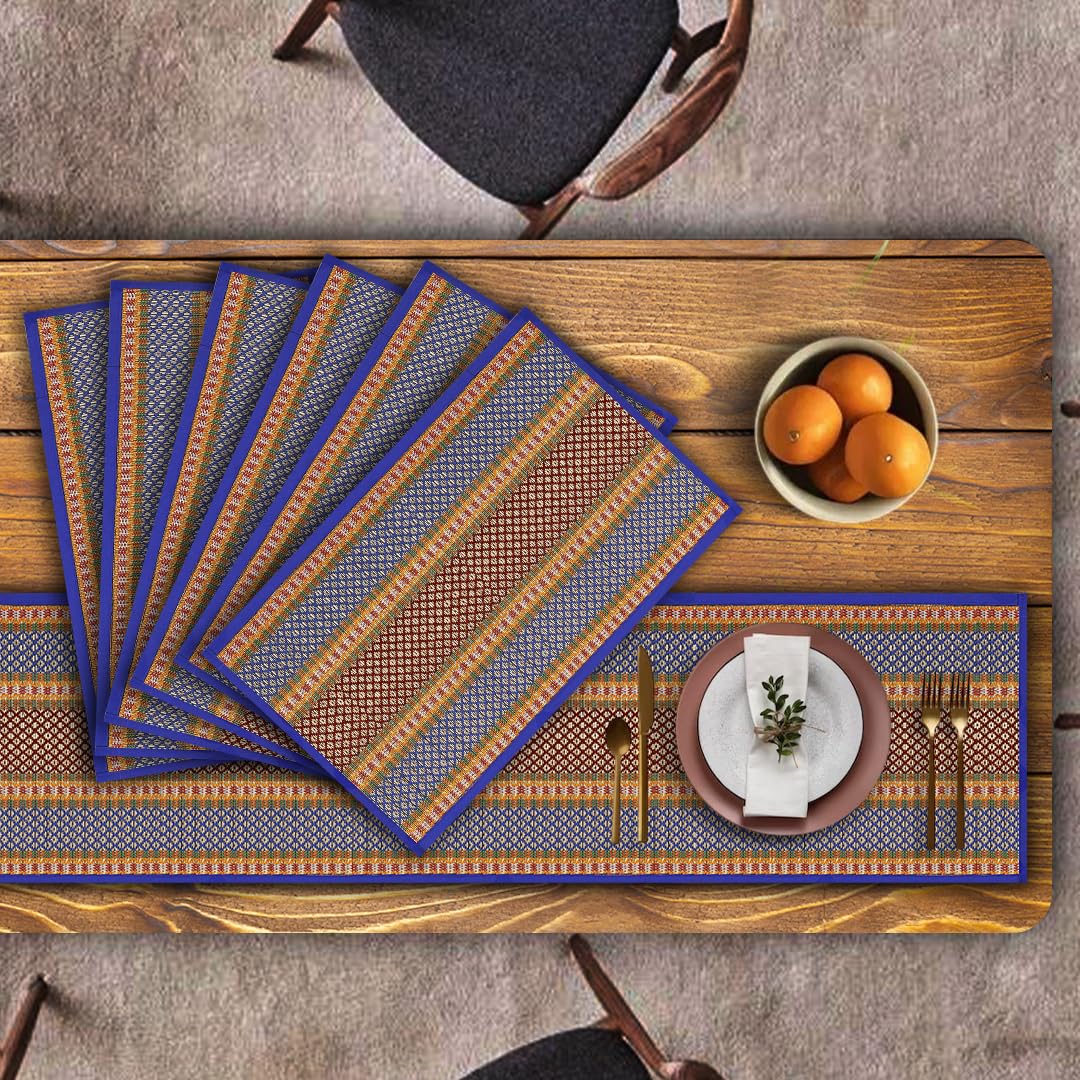 KalaTree Dining Table Mats Set of 6 Pieces with Runner Reversible Handmade Heat Resistant Placemats | Korai River Grass Madurkathi | Natural Eco Friendly | Blissful Blue Tablemats Kafalo