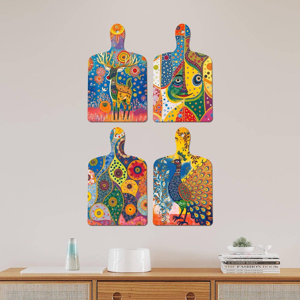 Artvibes Deer, Peacock & Nature Theme Wooden Art Decoration Item for Home | Art For Wall | Wall Sculpture | Signs & Plaques | Festive Decor | Wall Art Print | Unique Gift Items (WH_5658N), Set of 4