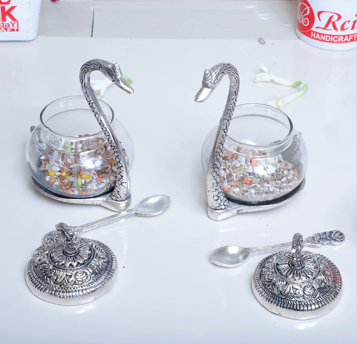 KridayKraft Metal Kissing Swan (Duck) Glass Bowl with Spoon for Saunf Supari Tray, Dry Fruit and Candy,Mukhwas Traditional Serving Bowl Set,Pack of 2 Pieces,Animal Showpiece Figurine & Gifting idol...