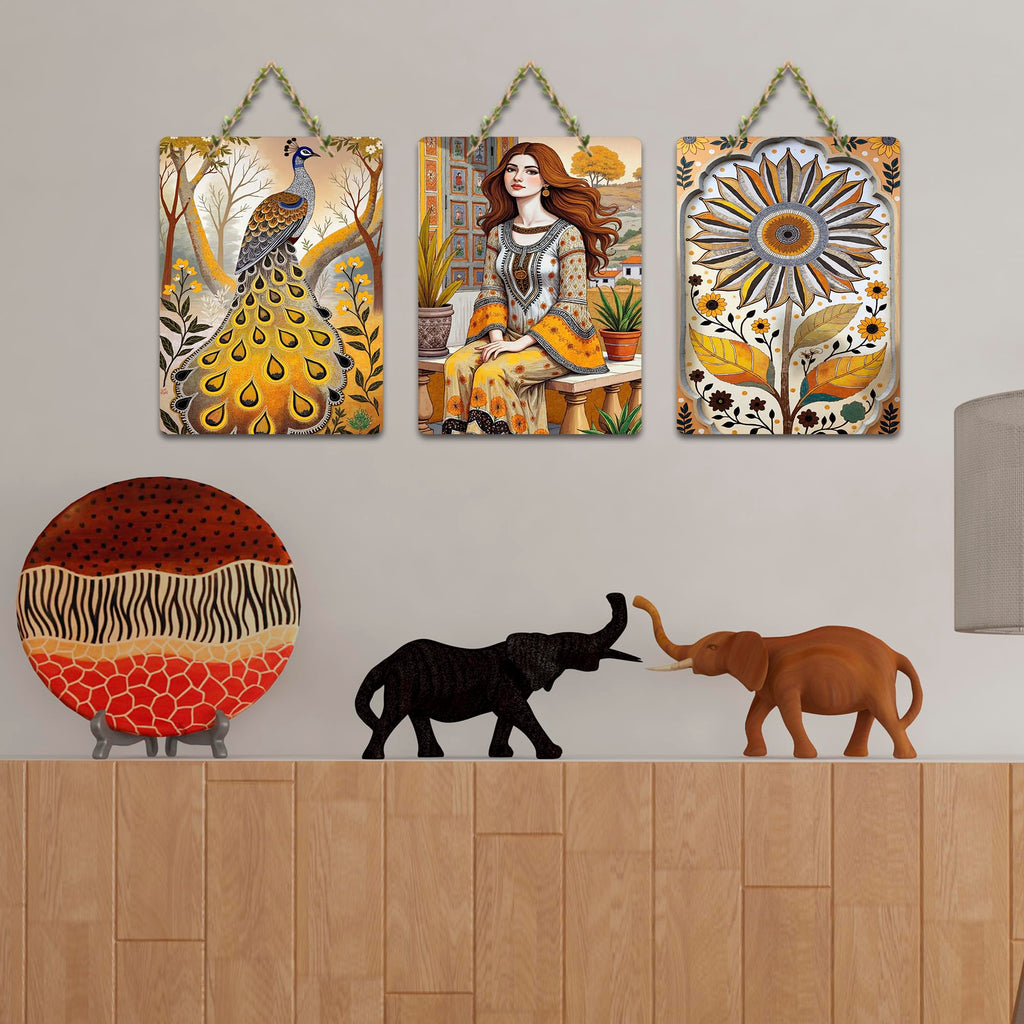 Artvibes Beautiful Girl With Peacocks & Flowers Decorative Wall Art MDF Wooden Wall Hanger for Living Room | Door Decoration Items | Artwork | Wall Poster | Unique Gift Items (WH_9693N), Set of 3