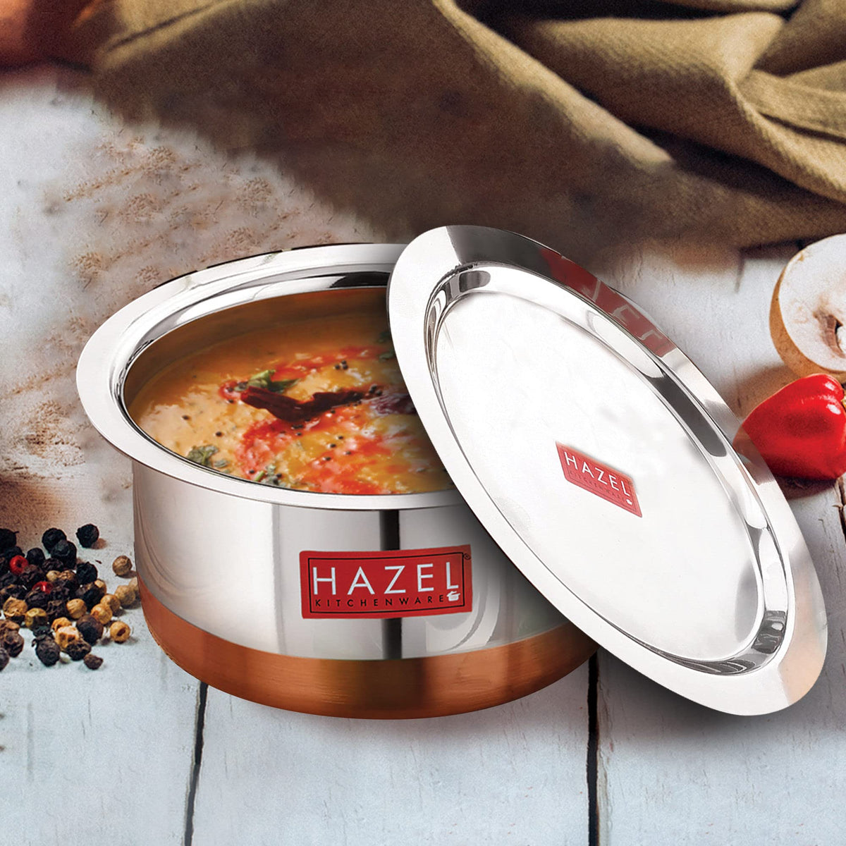 HAZEL Steel Copper Bottom Tope With Lid | Cooking Vessels and Utensils | Stainless Steel Patila, Capacity 5200 ml