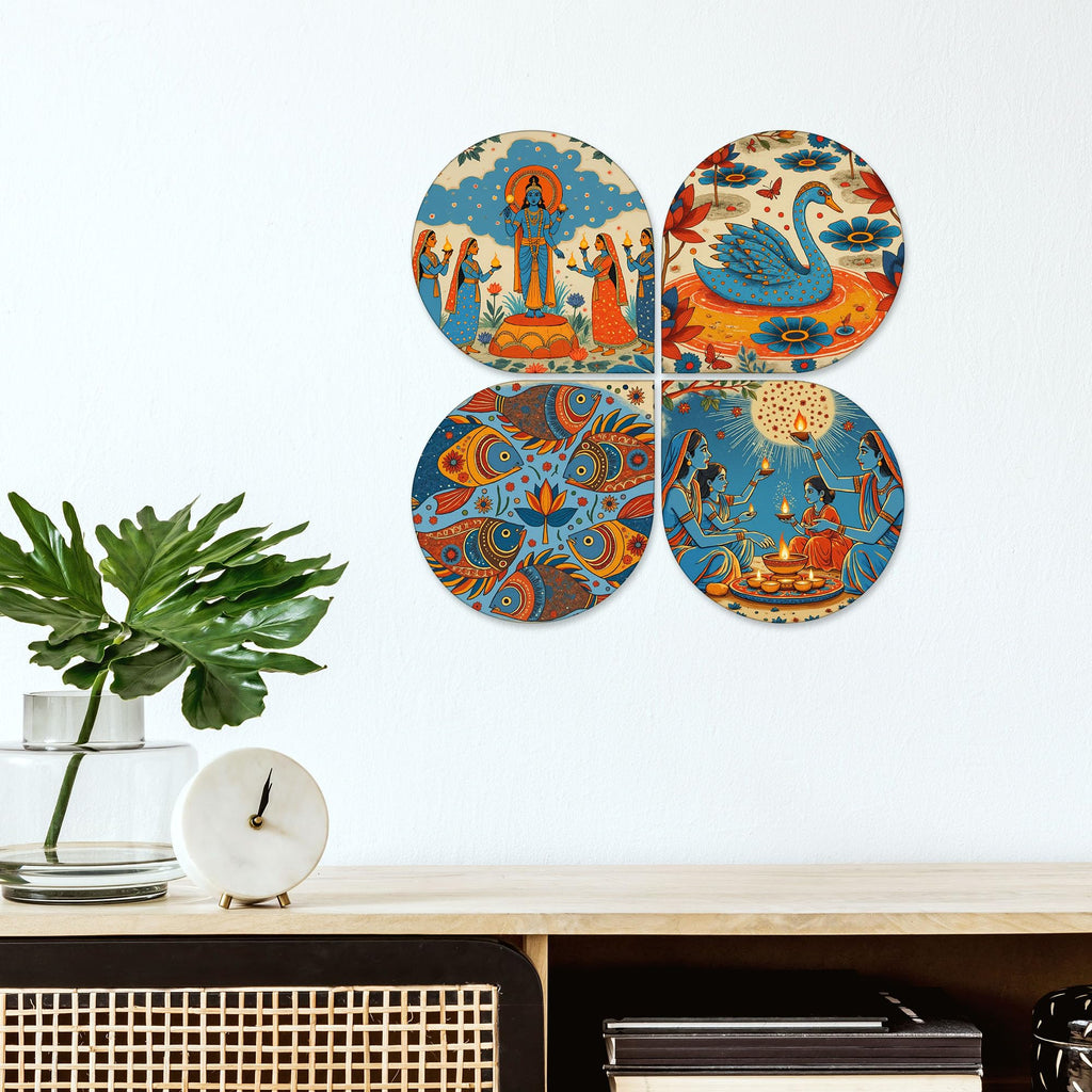 Artvibes Spiritual Wooden Wall Hanger for Home Decor | Wall Sculpture | Signs & Plaques | Decoration Wall Hanging Items | Modern Decor Artwork | Wall Poster | Unique Gift (WH_8442N), Set of 4