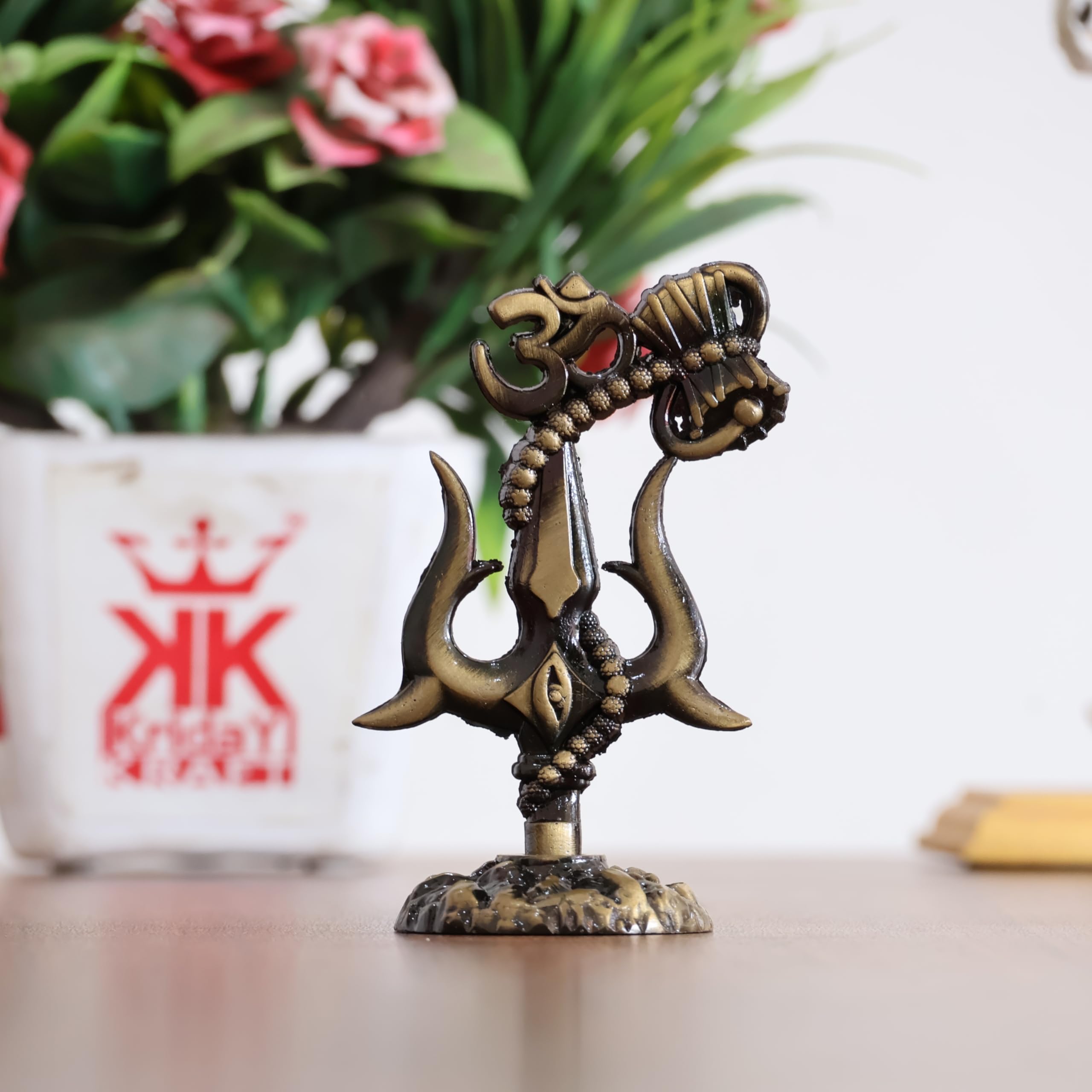 KridayKraft Metal Sivshakti Trishul Damru with Om Rudaksha Mala Symbol Statue, Antique Finish, 9.5 cm Height, 5 cm Base, 90 gm