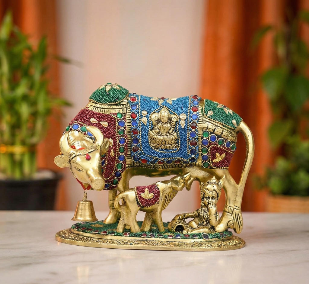 KridayKraft Kamdhenu Cow Calf Bal Gopal Krishna Metal Statue, Gold Stone XL