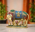 KridayKraft Kamdhenu Cow Calf Bal Gopal Krishna Metal Statue, Gold Stone XL