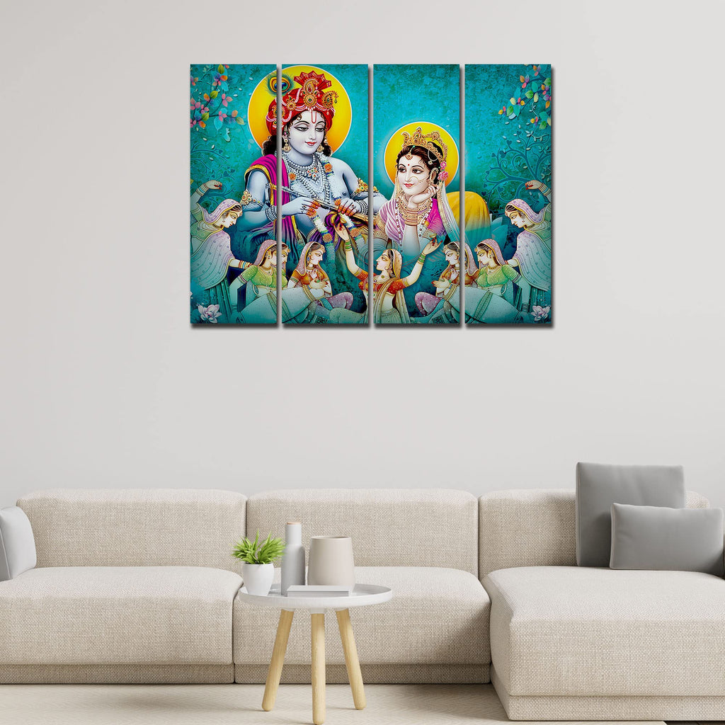 VIBECRAFTS 4 Pieces Beautiful Radha Krishna Canvas Wall Painting Fitted With Wooden Frame For Home | Office | Living Room | Gift(PTVC4Pcs1_13511)
